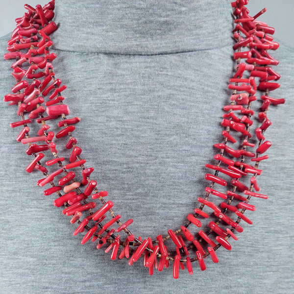 Vintage RED Coral and Heishi Bead Necklace 25" 3 Strand