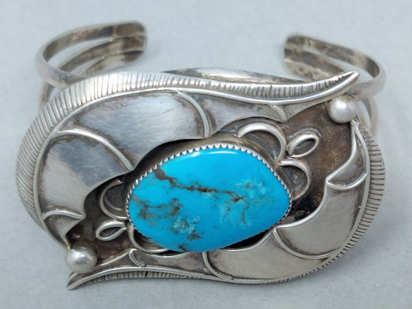 Interesting Navajo Sterling Silver Turquoise Cuff Signed