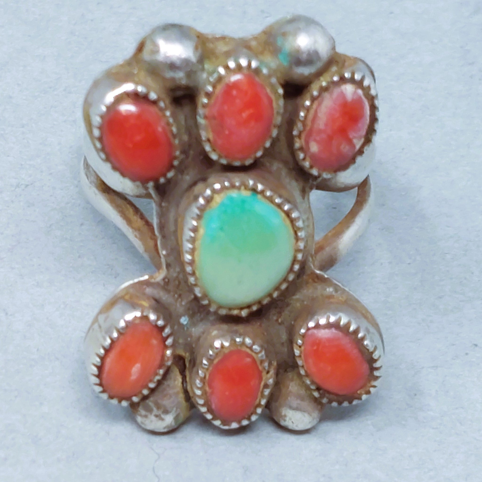 Vintage Navajo Sterling Silver  Turquoise & Coral Ring Size 11