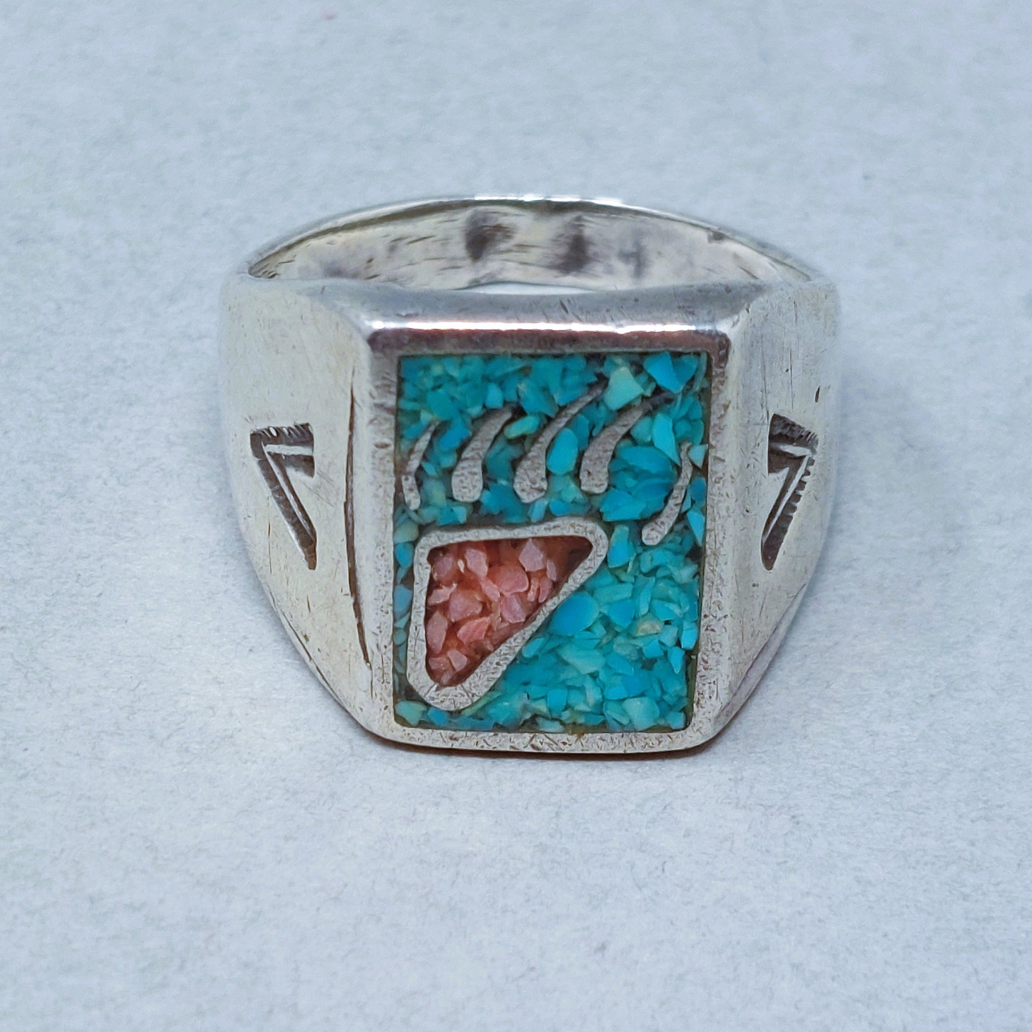 Zuni Sterling Silver  Turquoise & Coral Chip Resin  Ring Size 11