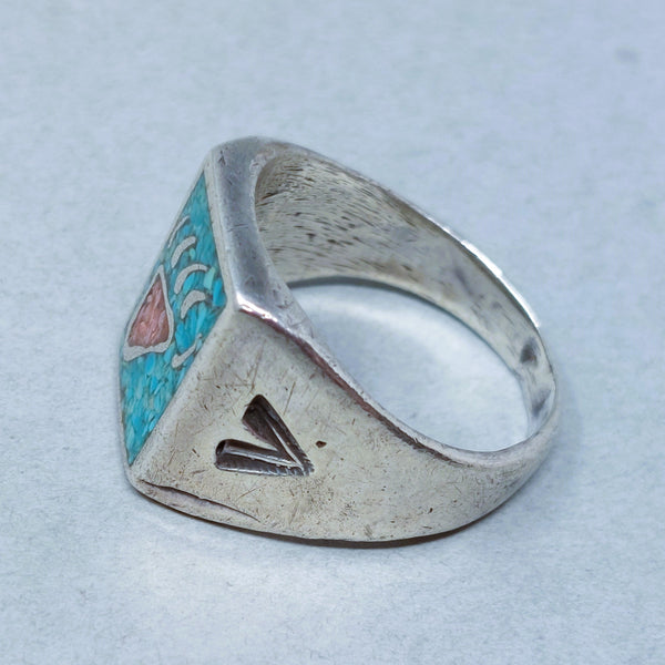 Zuni Sterling Silver  Turquoise & Coral Chip Resin  Ring Size 11