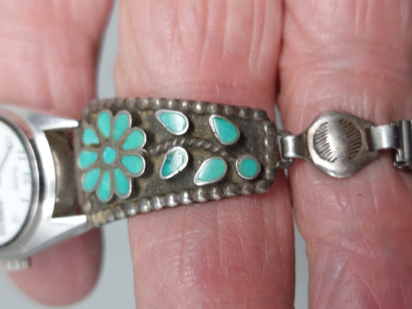 Lady's Watch  with Expandable Band & Zuni Silver & Turquois Tips