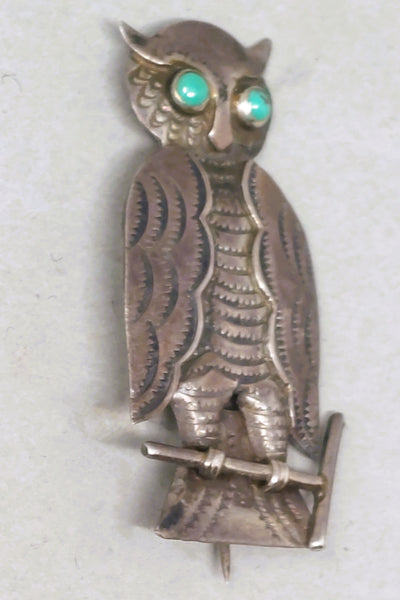 Vintage Navajo Sterling Silver and Turquoise Owl UITA 22 Brooch / Pin