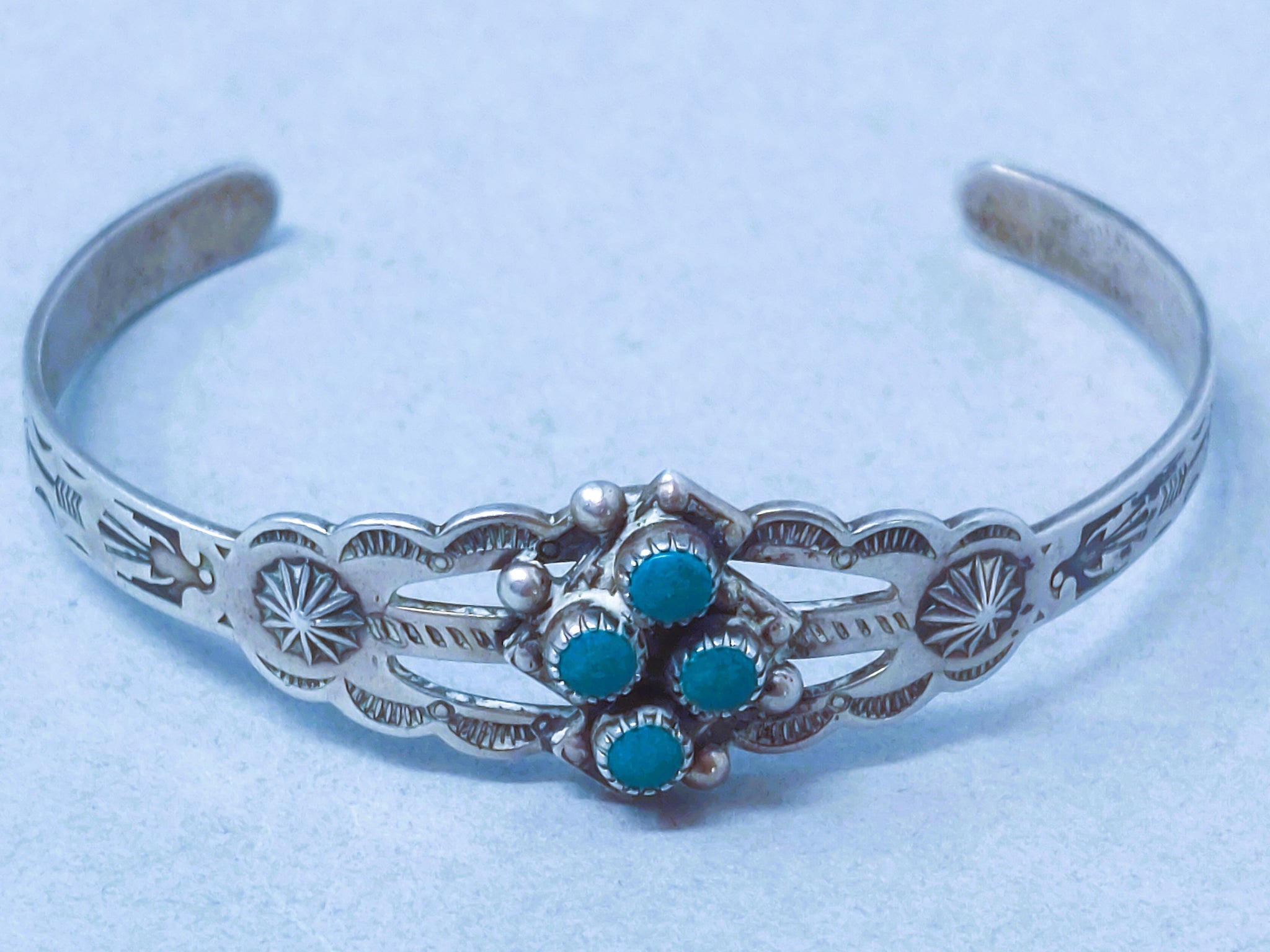 Fred Harvey Navajo Sterling Silver Turquoise 4 Stone Cuff Bracelet