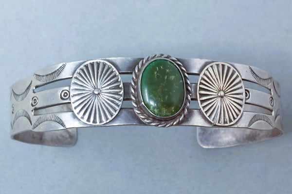 Fred Harvey Era Navajo Sterling Silver & Green Turquoise Cuff Bracelet