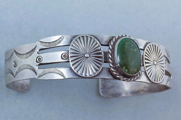 Fred Harvey Era Navajo Sterling Silver & Green Turquoise Cuff Bracelet