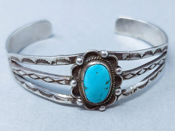 Hand Wrought Split Shank Navajo Sterling Silver & Blue Turquoise Cuff Bracelet