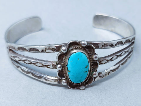Hand Wrought Split Shank Navajo Sterling Silver & Blue Turquoise Cuff Bracelet