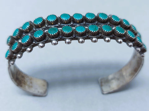 Old Pawn Navajo Snake Eye Dbl Row Turquoise Sterling Silver Cuff Bracelet