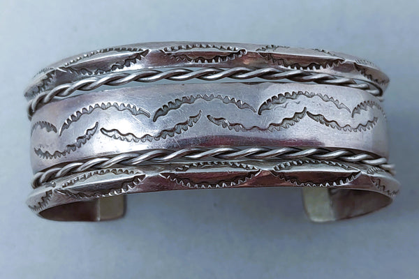 Navajo Sterling Silver Stamped & Braided Wire Cuff Bracelet