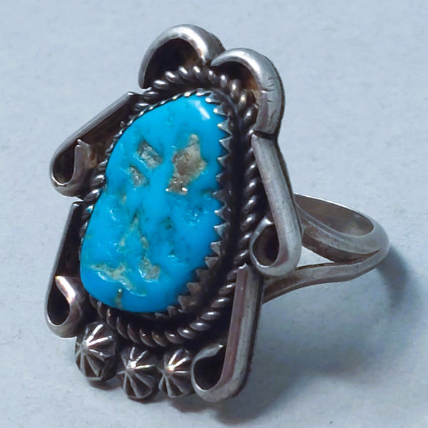 Old Pawn Navajo Blue Turquoise Sterling Silver Ring SZ 7