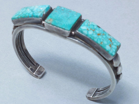 Vintage Navajo Sterling Silver & Rectangular Turquoise Cast  Cuff Bracelet