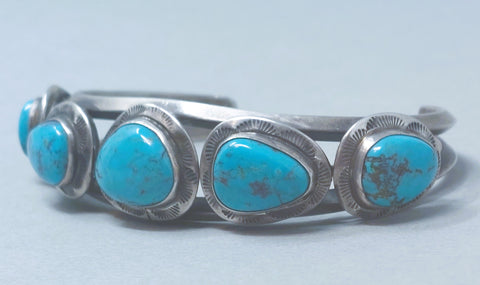 Vintage Navajo Sterling Silver & 5 Oval Turquoise Stones Cuff Bracelet