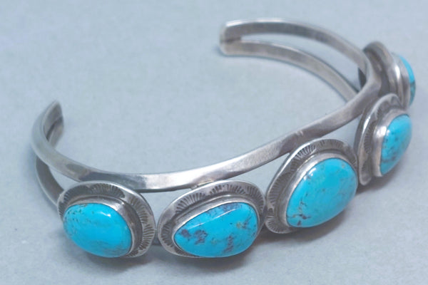 Vintage Navajo Sterling Silver & 5 Oval Turquoise Stones Cuff Bracelet