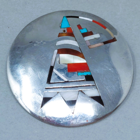 Zuni Multi-Stone Inlay Sterling Silver Pin Brooch Pendant Signed