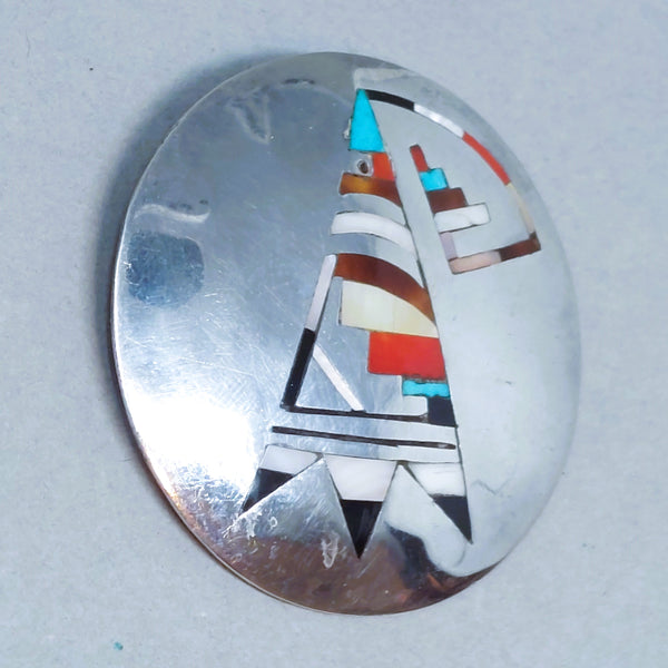 Zuni Multi-Stone Inlay Sterling Silver Pin Brooch Pendant Signed