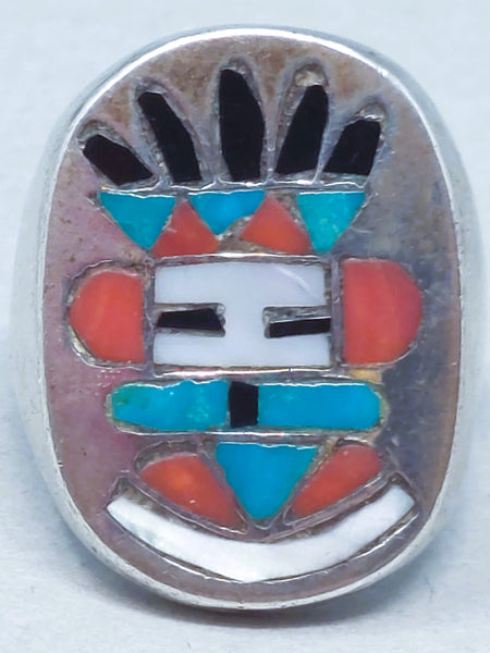 Vintage Zuni Kachina Face Multi-Stone Sterling Silver Ring by Frank Vacit