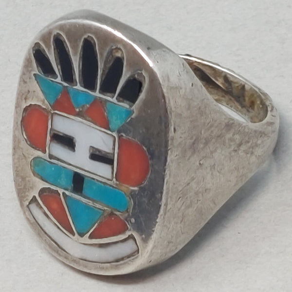 Vintage Zuni Kachina Face Multi-Stone Sterling Silver Ring by Frank Vacit