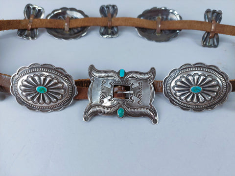 Classic Vintage Navajo 2nd Phase Silver & Turquoise Concho Belt Great Patina