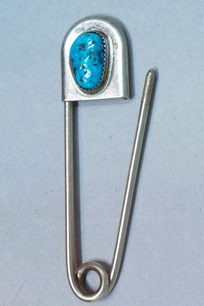 VINTAGE Turquoise Navajo Sterling silver Safety Pin Brooch Keychain Signed