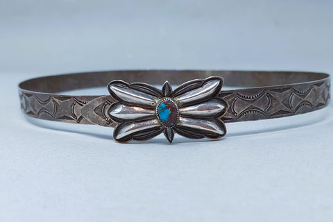 Vintage Navajo Sterling Silver Hat Band with Bizby Turquoise