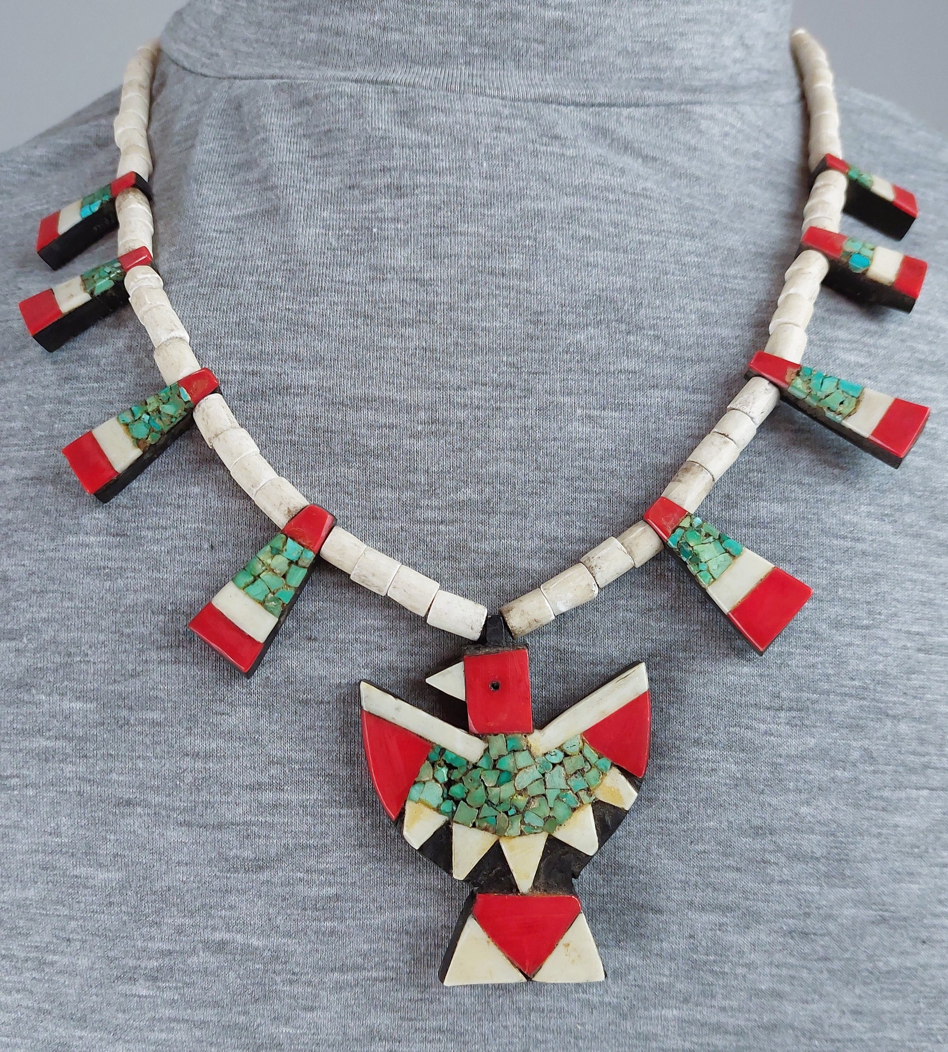 Vintage Santa Domingo Turquoise Inlay Thunderbird Necklace