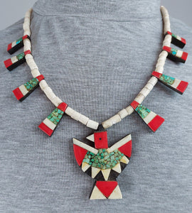 Vintage Santa Domingo Turquoise Inlay Thunderbird Necklace