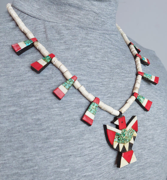 Vintage Santa Domingo Turquoise Inlay Thunderbird Necklace