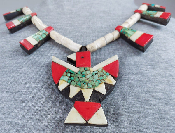 Vintage Santa Domingo Turquoise Inlay Thunderbird Necklace