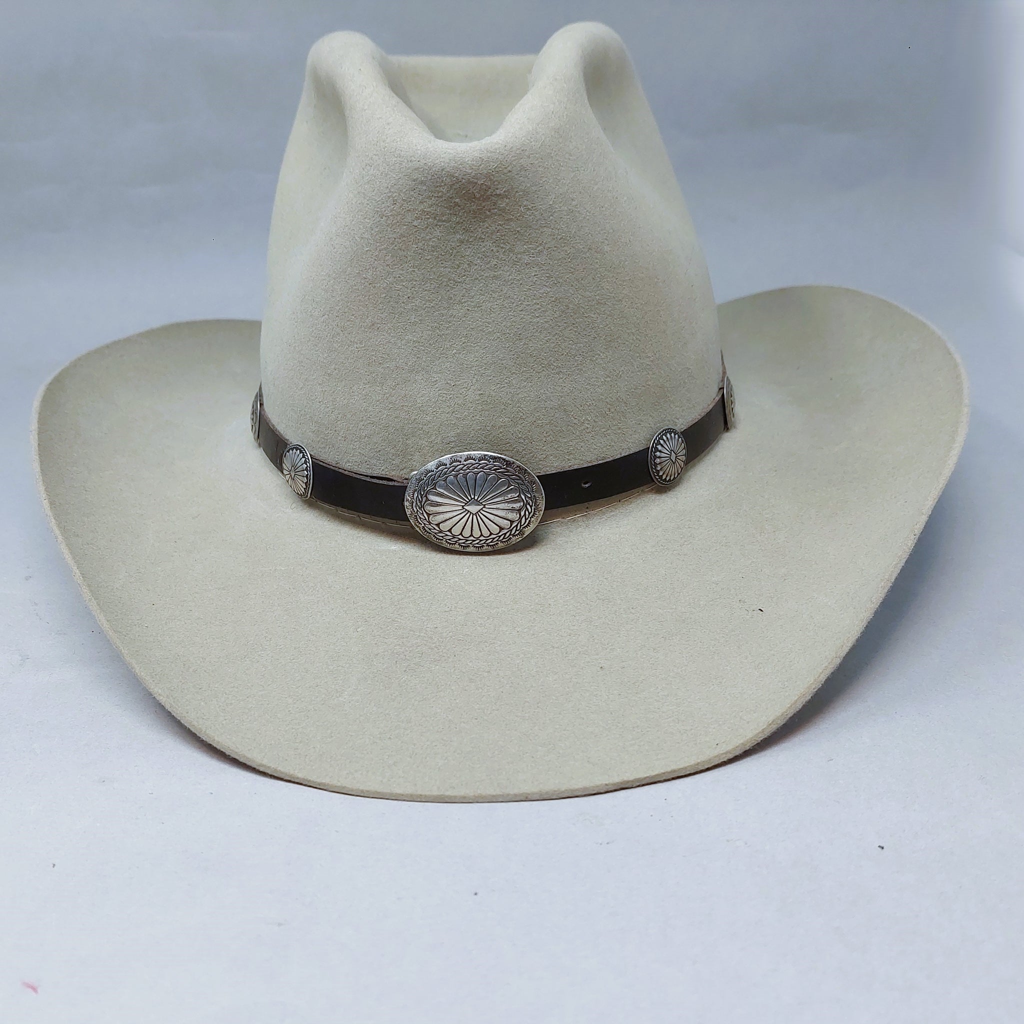 Vintage Navajo Sterling Silver Concho on Brown Leather Hatband