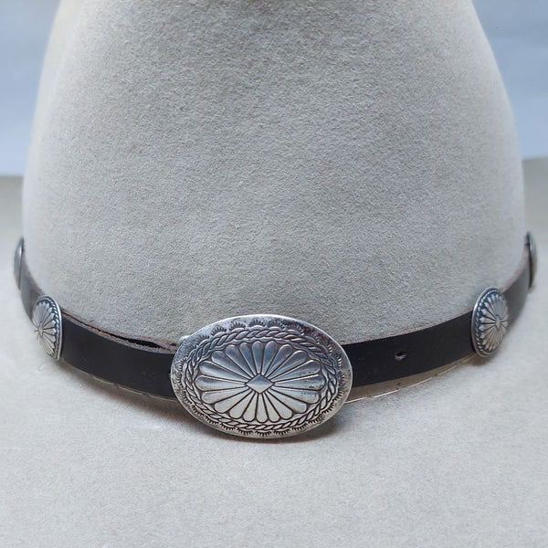 Vintage Navajo Sterling Silver Concho on Brown Leather Hatband