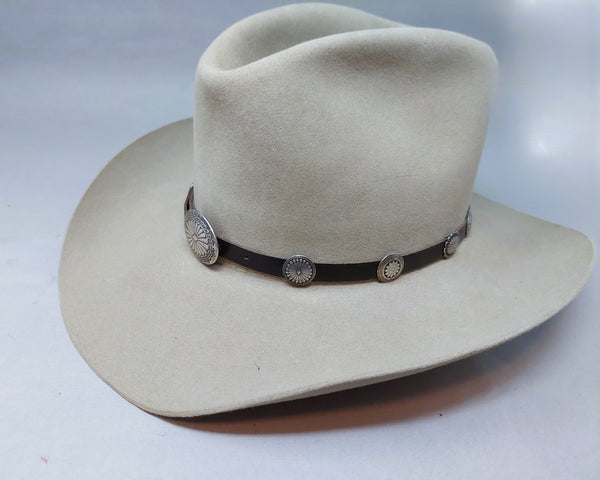 Vintage Navajo Sterling Silver Concho on Brown Leather Hatband