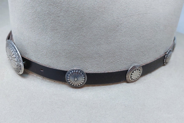 Vintage Navajo Sterling Silver Concho on Brown Leather Hatband