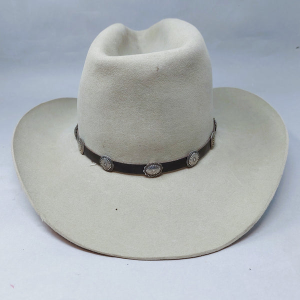 Vintage Navajo Sterling Silver Concho on Brown Leather Hatband