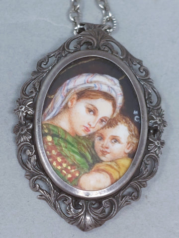 European Vintage 800 Silver Miniature Portrait Necklace Pendant Brooch Signed