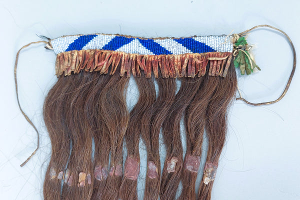 Native Northern (Blackfoot?) Plains Hair Extension Blue & White Beads with Red Pigmented Hair