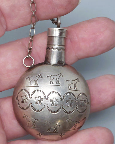 Early Small Navajo Silver Canteen Stamped with Horses