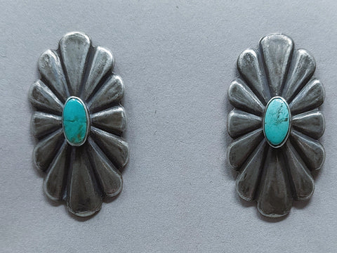 Navajo Sterling Silver & Turquoise Wrought Concho Post Earrings