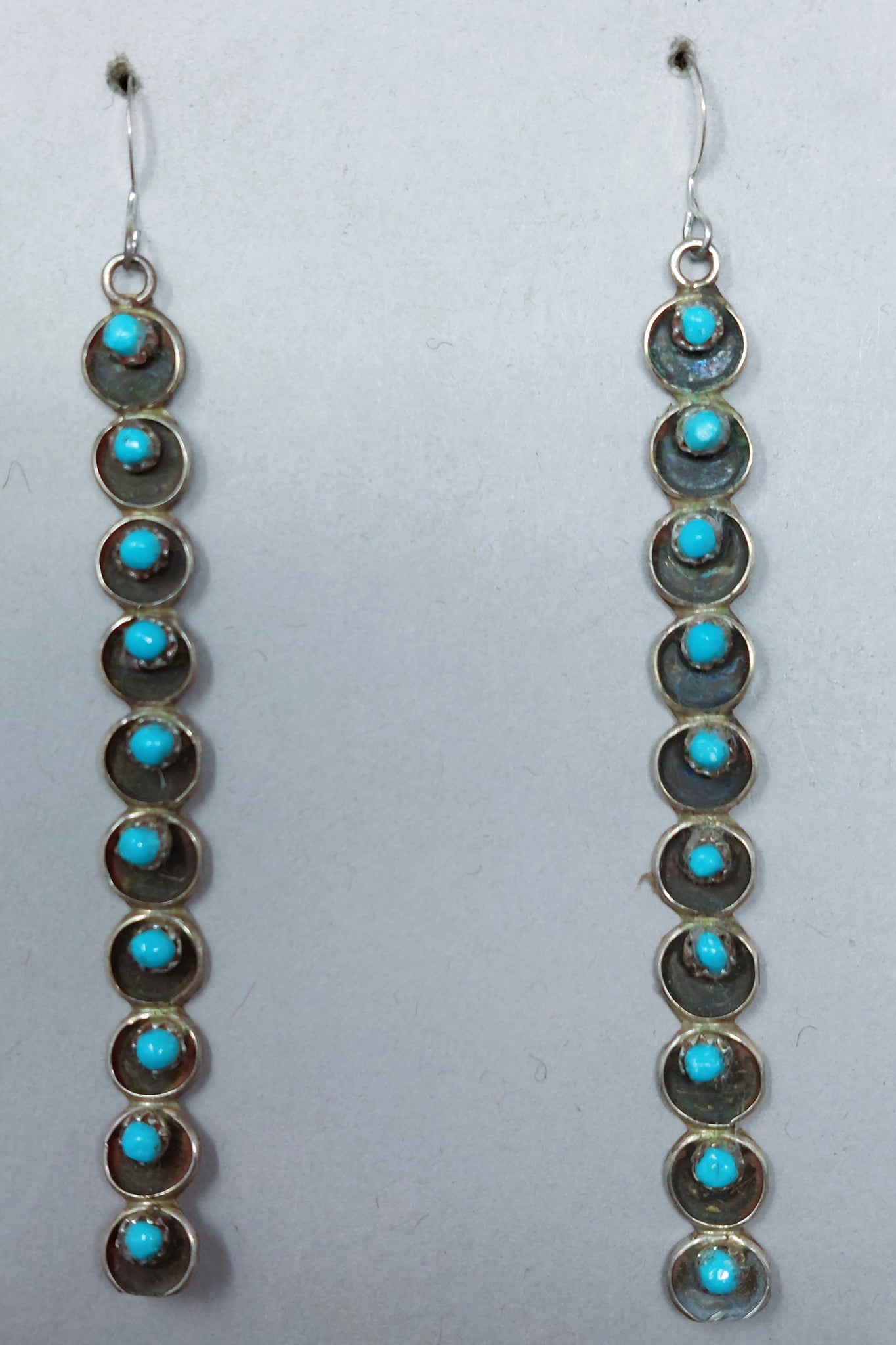 Zuni Turquoise Sterling Silver Wrought Long Dangle Earrings