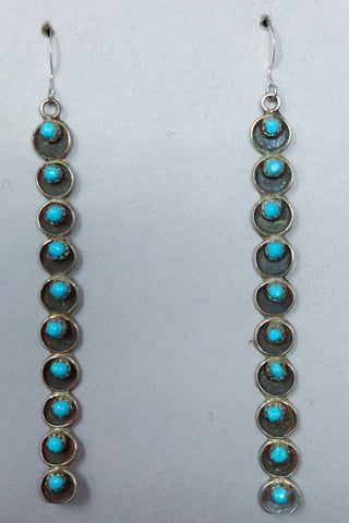 Zuni Turquoise Sterling Silver Wrought Long Dangle Earrings