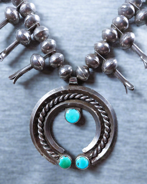 Navajo Turquoise &  Silver Squash Blossom Necklace