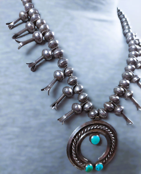 Navajo Turquoise &  Silver Squash Blossom Necklace