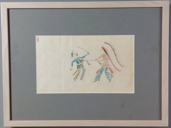 Native American Ledger Drawing Native and Soldier Fighting