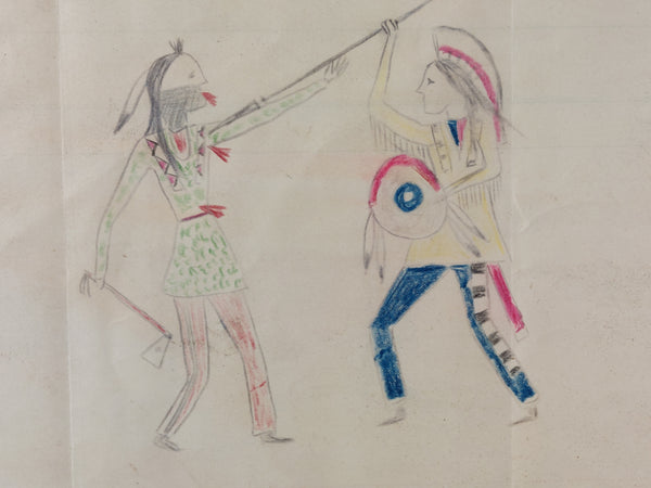 Native American Cheyenne Ledger Drawing Red Blanket