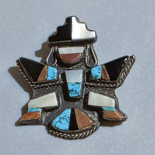 Knifewing Multi-Stone Inlay Brooch Turquoise, Oyster, Jet, Shell 1.1/2" Tall