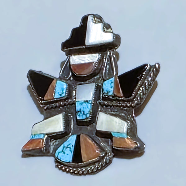 Knifewing Multi-Stone Inlay Brooch Turquoise, Oyster, Jet, Shell 1.1/2" Tall