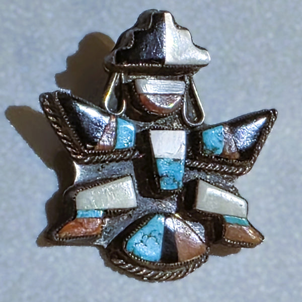 Knifewing Multi-Stone Inlay Brooch Turquoise, Oyster, Jet, Shell 1.1/2" Tall
