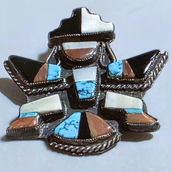 Knifewing Multi-Stone Inlay Brooch Turquoise, Oyster, Jet, Shell 1.1/2" Tall