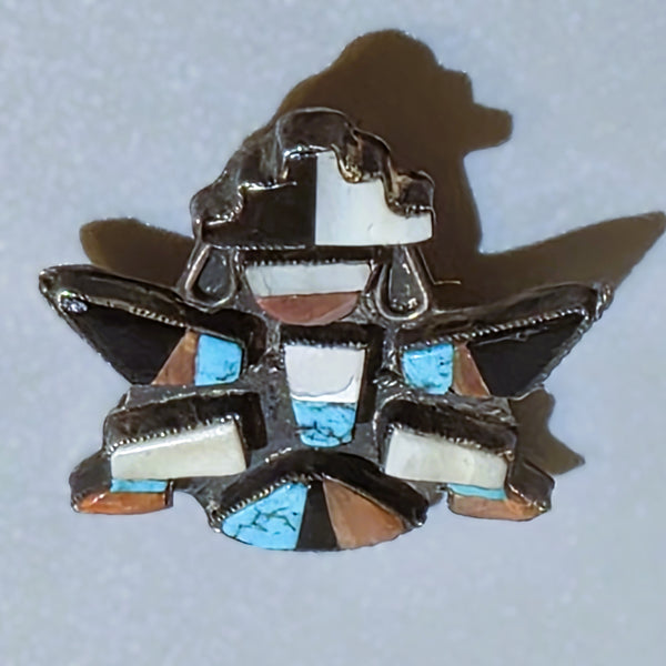 Knifewing Multi-Stone Inlay Brooch Turquoise, Oyster, Jet, Shell 1.1/2" Tall