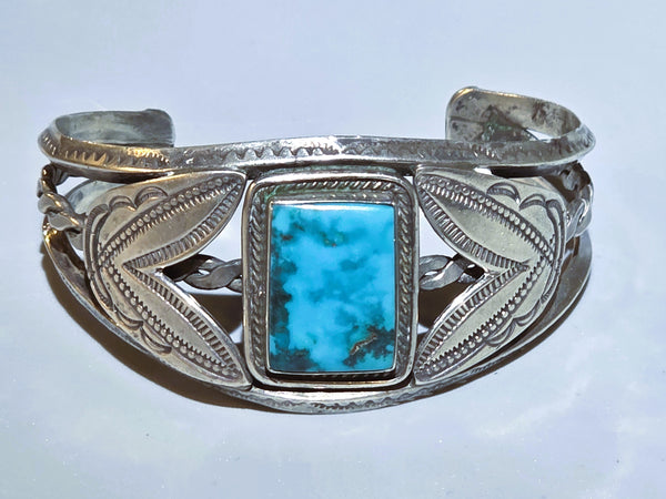 Navajo Sterling Silver & Rectangular Turquoise Stone Cuff